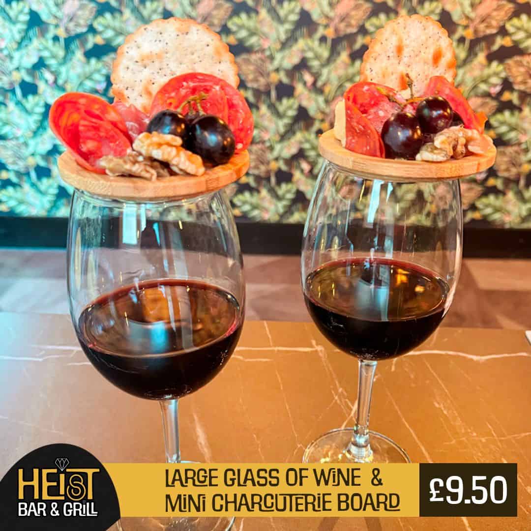 Feeling peckish on your night out? Try our 'Mini Charcuterie Board with a Large Glass of Red Wine' for just £9.50!