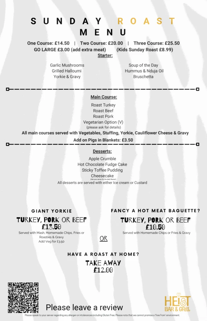 Heist Sunday Roast Menu